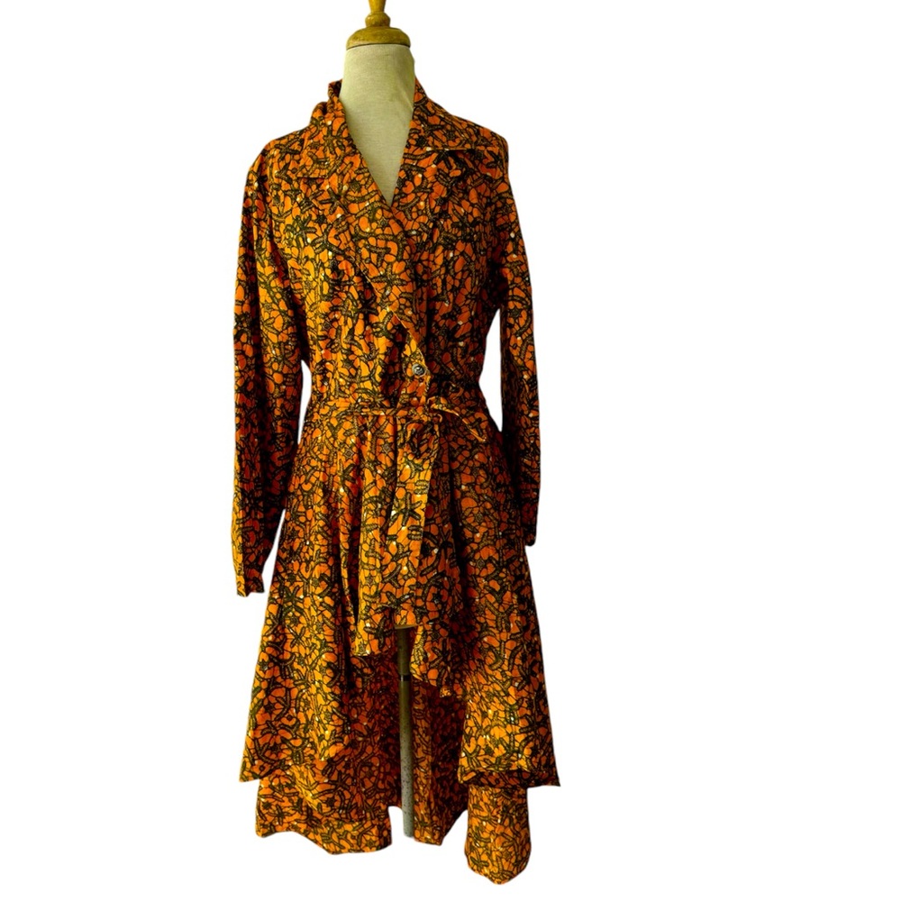 Vtg African Stars Orange Floral Hi Low Cotton Shirt Dress OSFM Pockets Wax Print